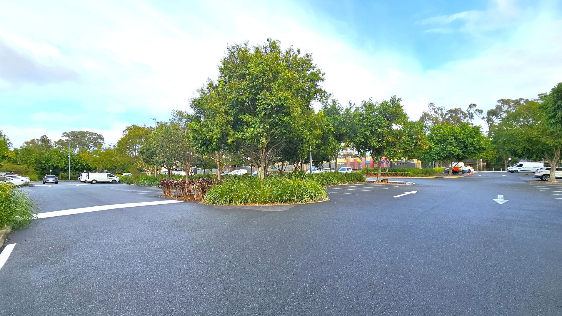 A car park with a central island featuring a large tree surrounded by grass and smaller plants. The tarmac is dark, with white directional arrows painted on it. Several vehicles are parked around the perimeter, including a white van and a black car. In the background, more trees and a colourful building are visible. The area is well-maintained, with clear parking lines and a few streetlights.