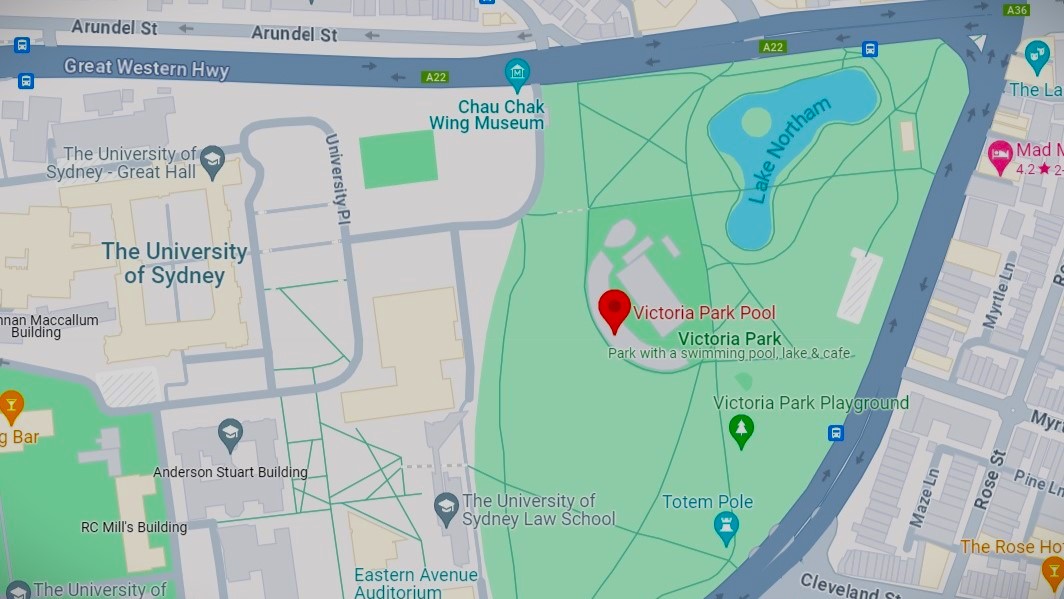 A map showing the location of Victoria Park Pool. Based on the map, Victoria Park Pool is situated on the intersection of City Road and Parramatta Road, centrally positioned within Victoria Park, adjacent to Lake Northam and Victoria Park Playground.