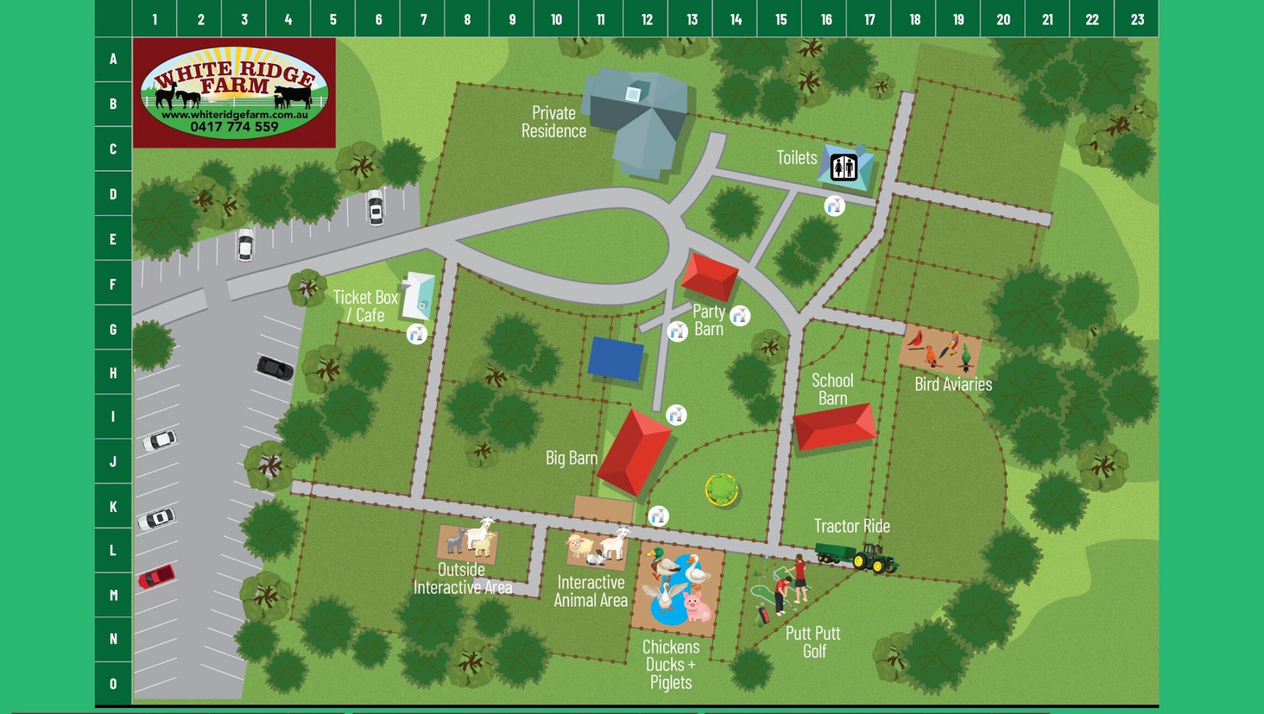 This is a map of the White Ridge Farm. It shows an aerial view of the farm. The bird aviaries are at the furthest end of the left side of the farm and there are trees at that part of the farm. The interactive animal area is on the furthest end of the right side of the farm where it is divided into an outside interactive area, a section for the chickens, ducks and piglets, and a golf playing area. At the centre of the White Ridge Farm is the school barn. the party bar and the big barn.