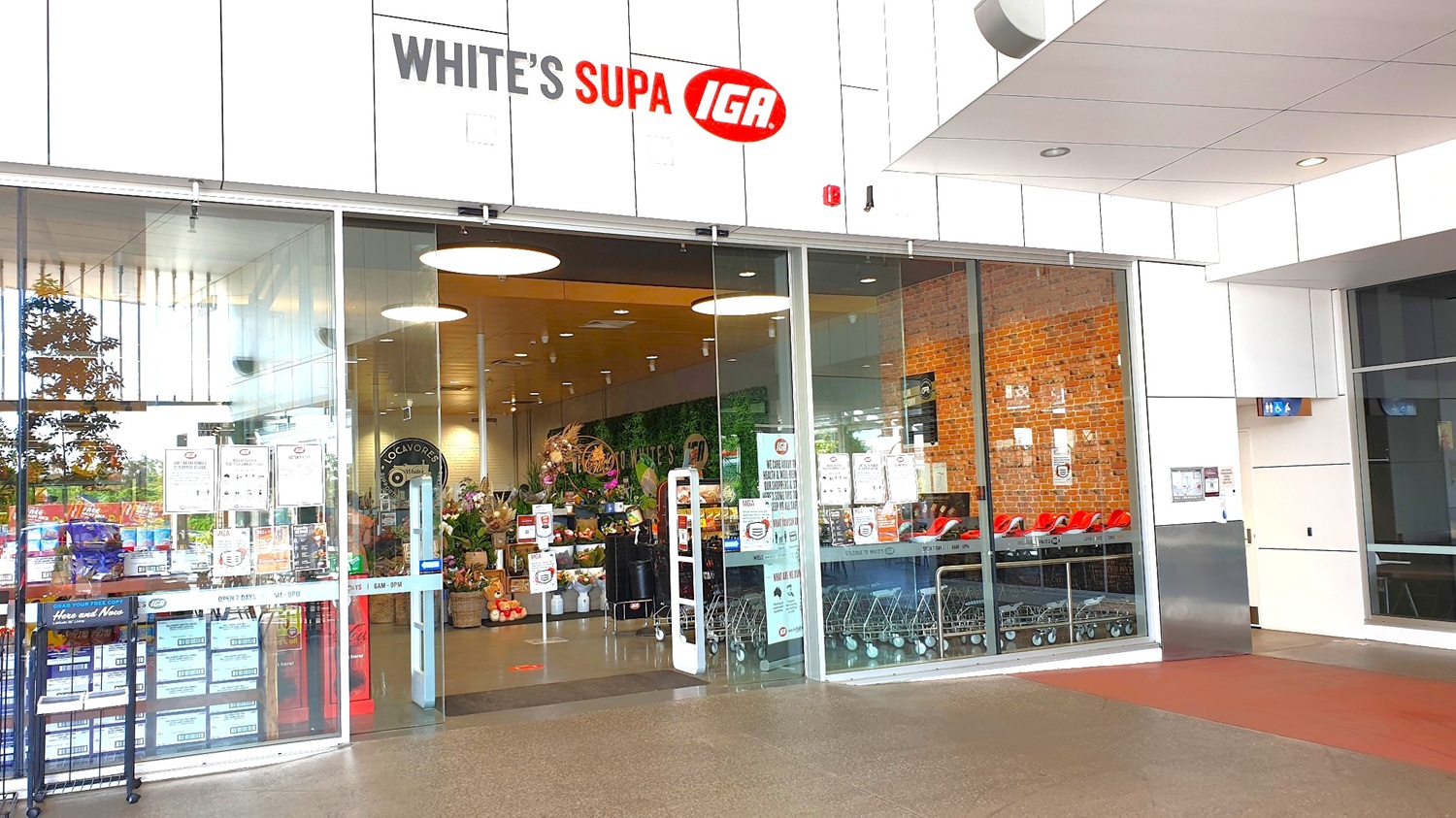 A side view from the left of the entrance of White’s IGA Baringa. The step-free way before the automatic glass doors is a brown floor with a red-painted floor on the right. Next to this floor is another brown floor that leads to a corridor that has accessible signs for persons with mobility disabilities hanging on the ceiling area. Visible from this position is the white sanitizing dispenser right after passing through the automatic glass doors.